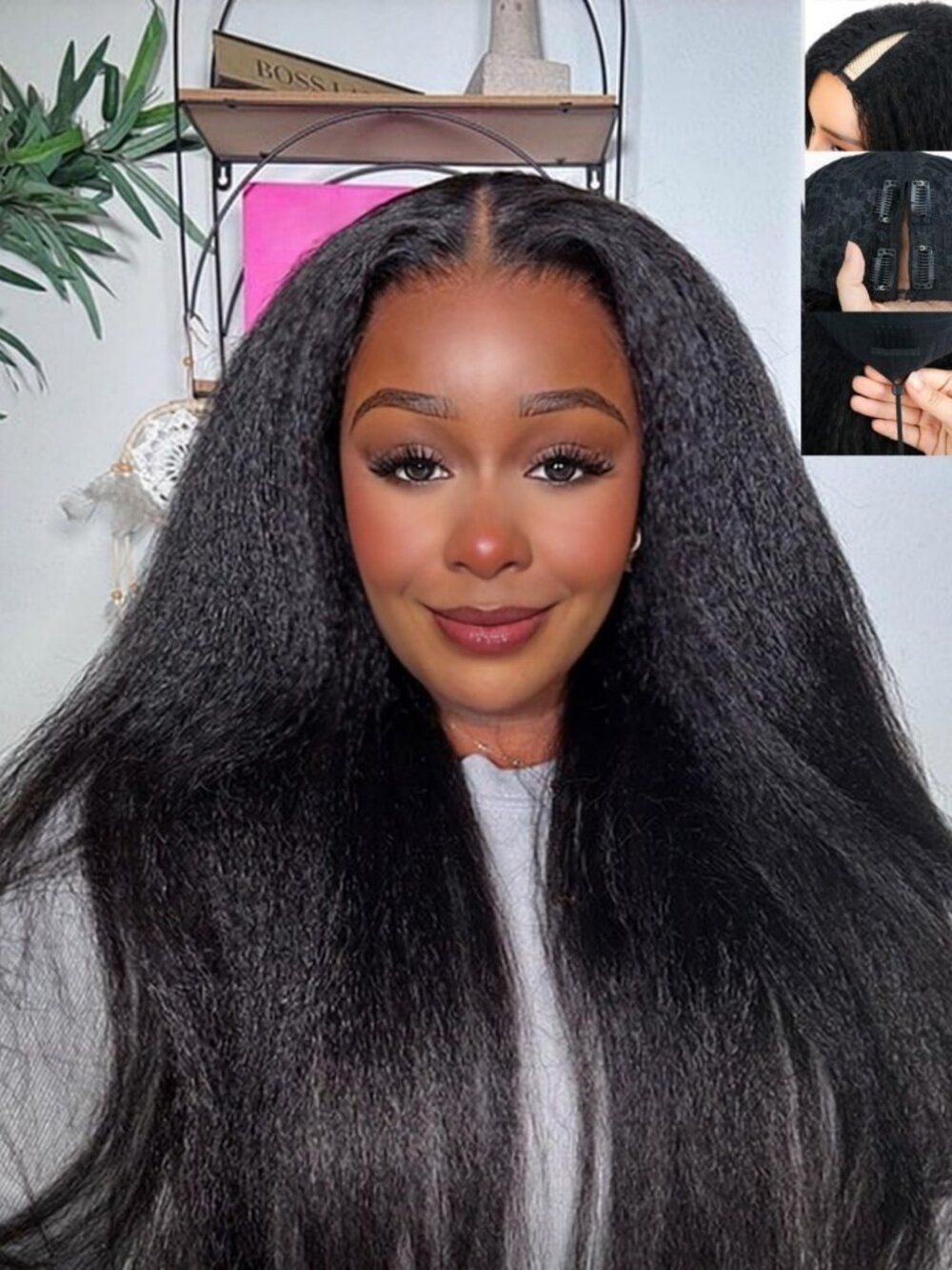 V Part Kinkystraight Wig 20inch 100% Natural Unprocessed Human Hair with